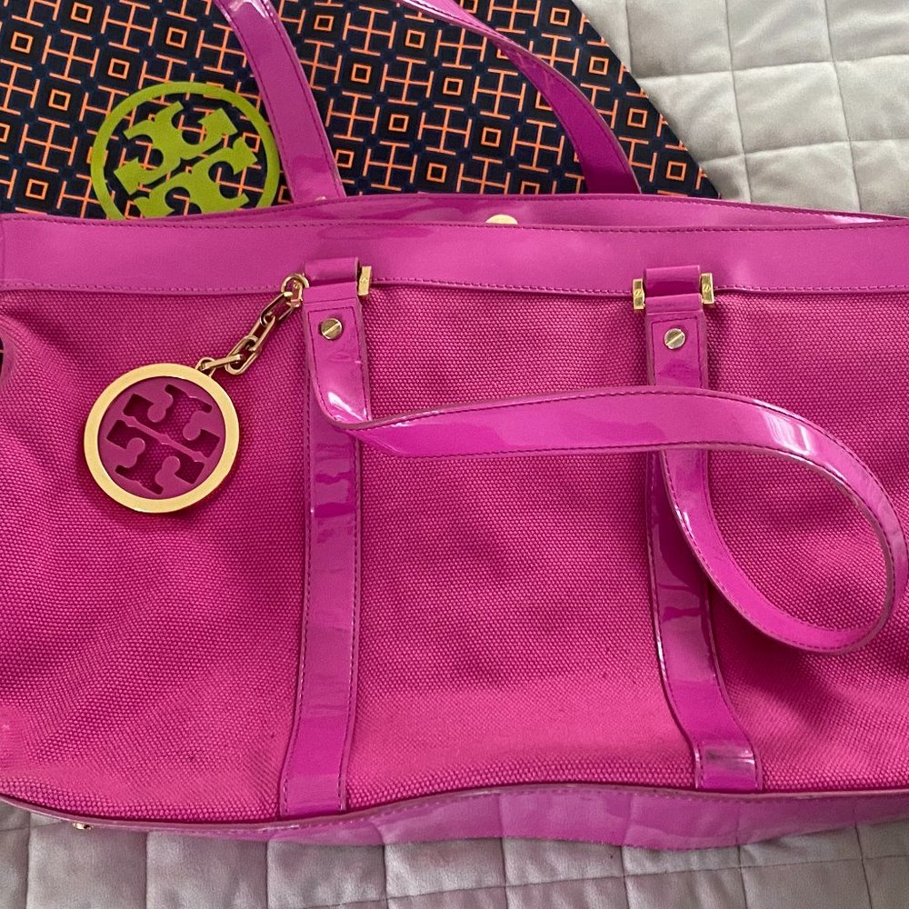Tory Burch Canvas and Patent Leather Jane Tote